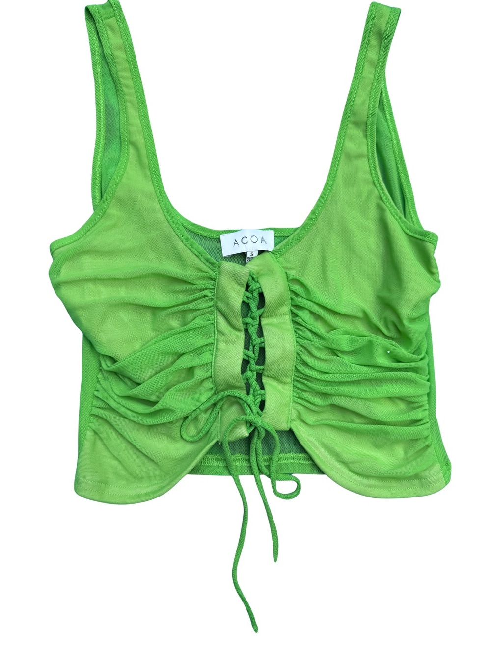 ACOA Green Ruched Lace-Up Mesh Crop Top Size Small Y2K